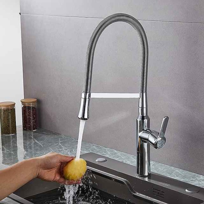 Kitchen Faucet Pull Down Sink Mixer Taps, High Arc Spring Vessel Brass Taps, Single Handle Swivel Spout 2 Mode with Hot and Cold Water Hose