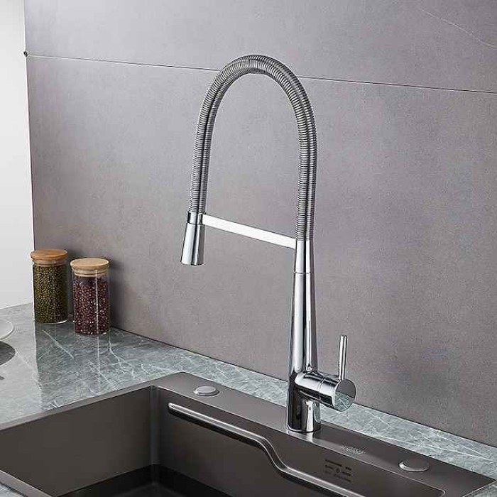 Kitchen Faucet Pull Down Sink Mixer Taps, High Arc Spring Vessel Brass Taps, Single Handle Swivel Spout 2 Mode with Hot and Cold Water Hose