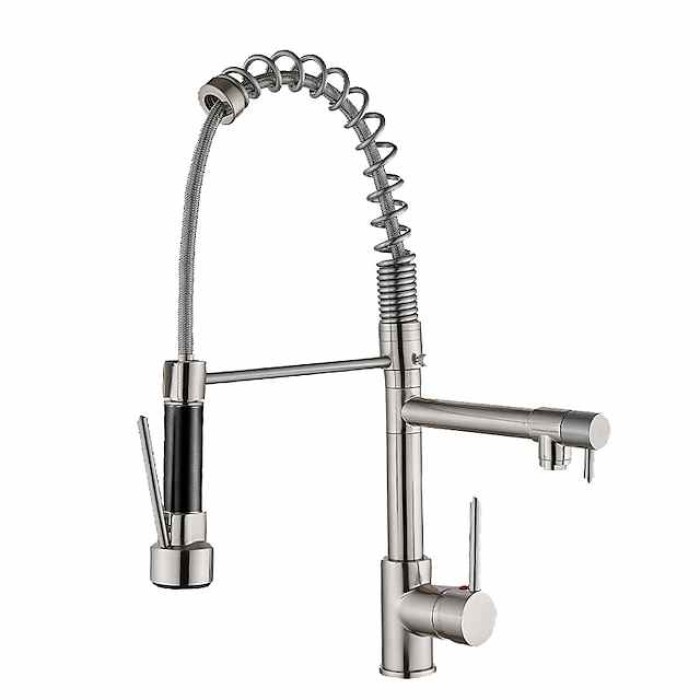 Kitchen Faucet Pull Out Sink Mixer Taps Dual Spout, High Arc Spring Vessel Brass Taps, Single Handle 360 Swivel Sprayer with Hot and Cold Water Hose