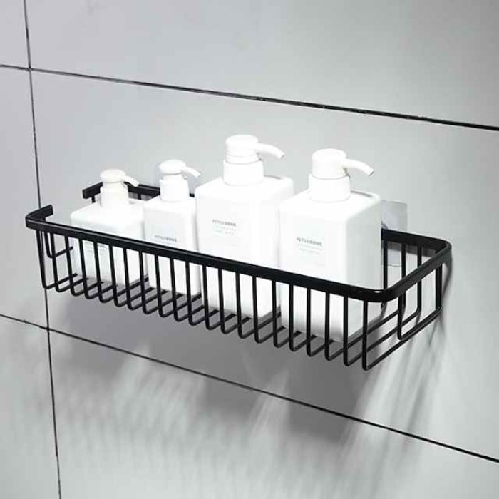 Space Aluminum Punch-free Floating Shelf with Non-marking Stickers Wall Mounted Storage Rack Single-layered Wall Shelf for Bathroom Kitchen Hotel