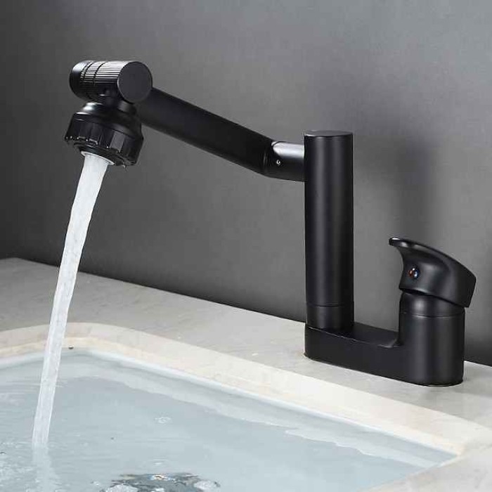 Foldable Bathroom Faucet Sink Mixer Basin Taps Dual Spout 3 Mode Spray, 360 Degrees Single Handle Washbasin Vessel Tap with Cold and Water Hose for Washroom Toilet