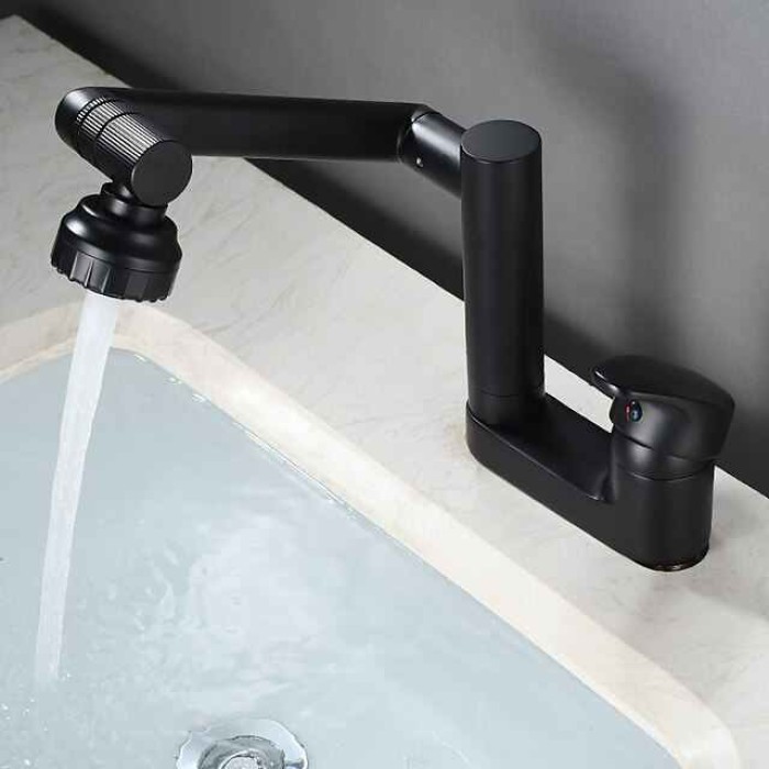 Foldable Bathroom Faucet Sink Mixer Basin Taps Dual Spout 3 Mode Spray, 360 Degrees Single Handle Washbasin Vessel Tap with Cold and Water Hose for Washroom Toilet