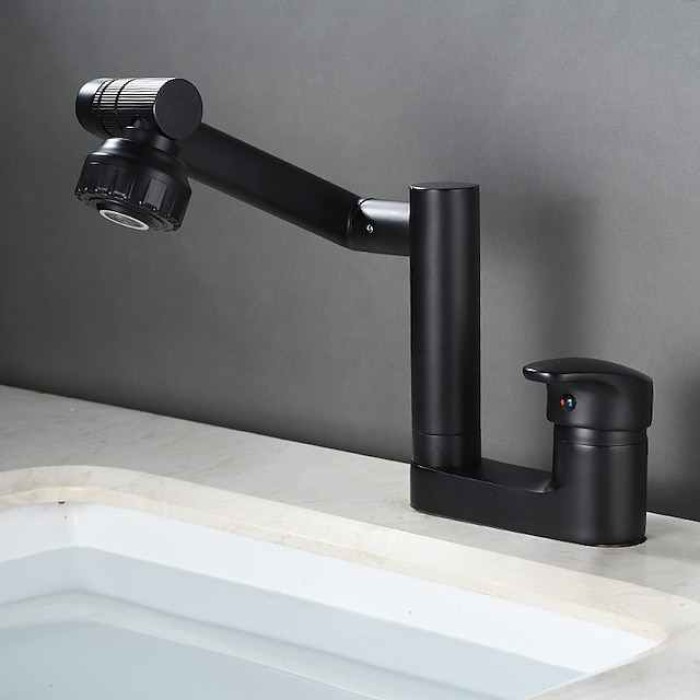 Foldable Bathroom Faucet Sink Mixer Basin Taps Dual Spout 3 Mode Spray, 360 Degrees Single Handle Washbasin Vessel Tap with Cold and Water Hose for Washroom Toilet