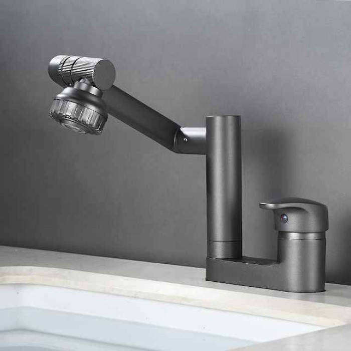 Foldable Bathroom Faucet Sink Mixer Basin Taps Dual Spout 3 Mode Spray, 360 Degrees Single Handle Washbasin Vessel Tap with Cold and Water Hose for Washroom Toilet