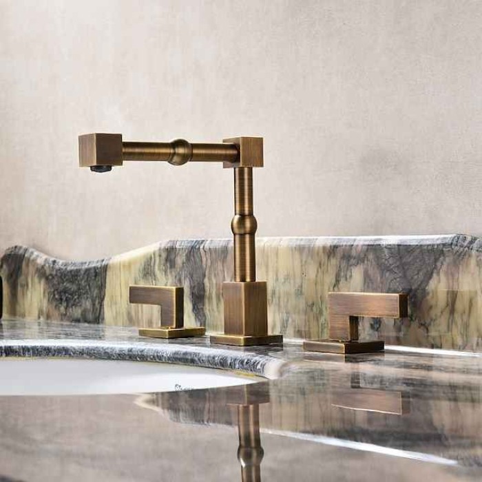 Widespread Bathroom Faucet Vintage Brass, Sink Mixer Basin Taps 360 Degree Swivel Spout, 3 Hole Dual Handle Vessel Taps with Hot and Cold Water Hose