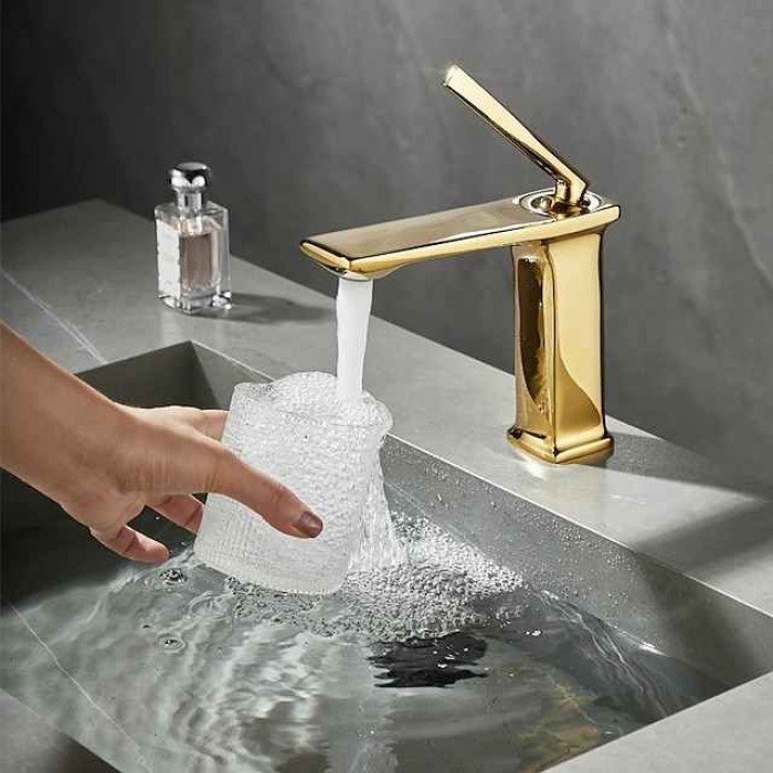 Bathroom Faucet Brass Sink Mixer Basin Taps Deck Mounted, Single Handle Monobloc Washroom Vessel Tap with Cold and Hot Hose