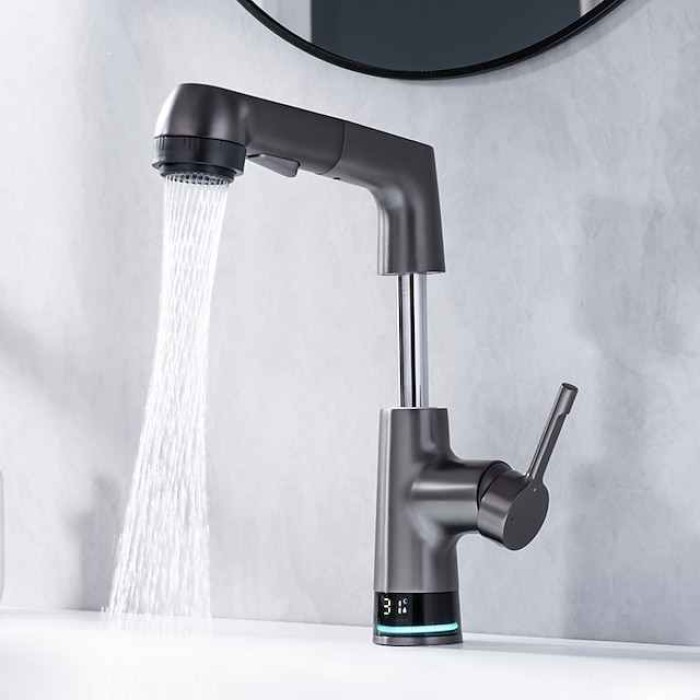 Bathroom Faucet LCD Digital Display Sink Mixer Basin Taps with Pull out Sprayer, Single Handle Liftable Spout Head 3 Mode, Brass Vessel Tap Washroom