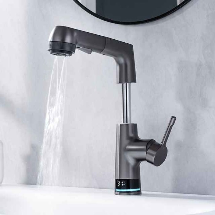 Bathroom Faucet LCD Digital Display Sink Mixer Basin Taps with Pull out Sprayer, Single Handle Liftable Spout Head 3 Mode, Brass Vessel Tap Washroom