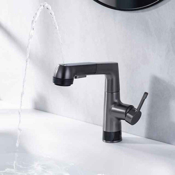 Bathroom Faucet LCD Digital Display Sink Mixer Basin Taps with Pull out Sprayer, Single Handle Liftable Spout Head 3 Mode, Brass Vessel Tap Washroom