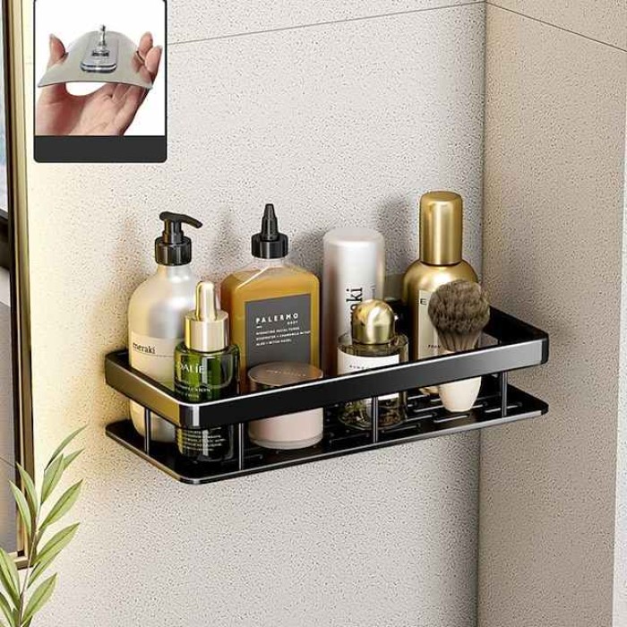 Black Toilet Rack Wall Hanging Perforated Space Aluminum Double-Layer Bathroom Storage Toilet Suction Cup Bathroom Towel Rack