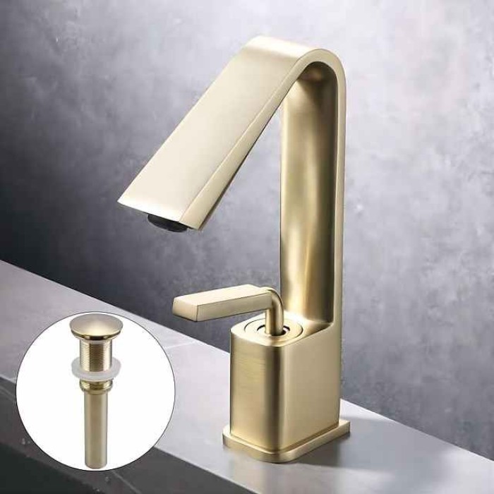 Bathroom Faucet Sink Mixer Basin Taps with Pop Up Drain, Monobloc Single Handle Washroom Vessel Tap with Cold and Hot Hose