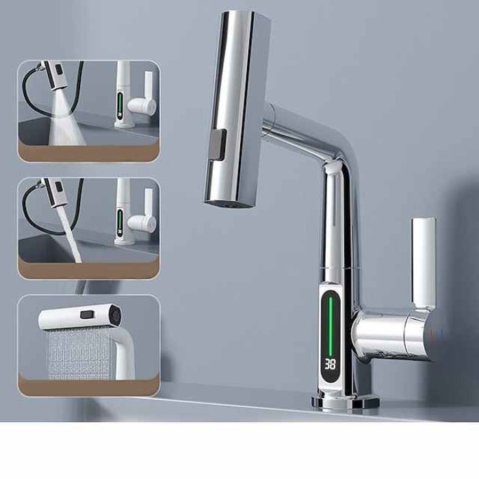 Waterfall Bathroom Faucet LCD Display Multifunction Pull Out Sink Mixer Taps, 360 Degree Rotate Washroom Vessel Brass Tap 3 Mode Spout Sprayer