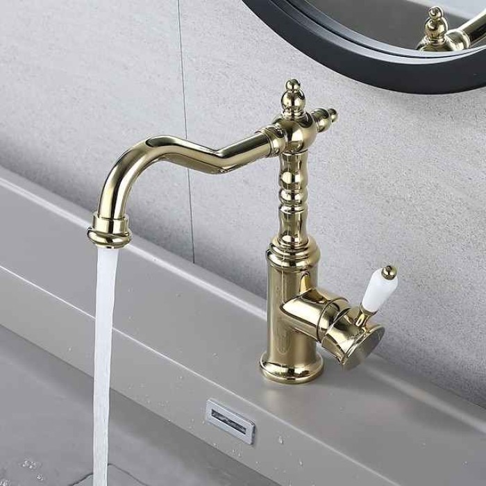 Bathroom Faucet Gold Sink Mixer Basin Taps, 360 Swivel Single Handle Vessel Tap with Cold and Hot Hose