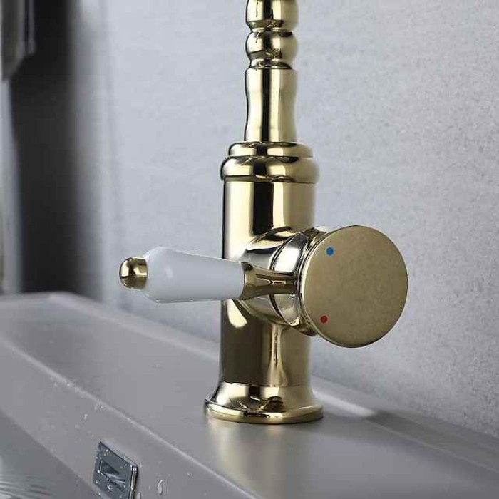 Bathroom Faucet Gold Sink Mixer Basin Taps, 360 Swivel Single Handle Vessel Tap with Cold and Hot Hose