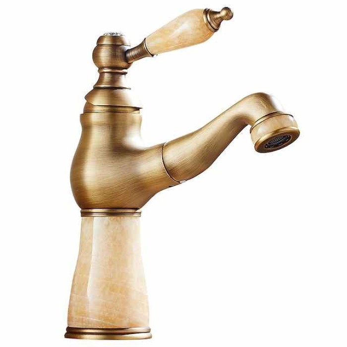 Traditional Bathroom Faucet Pull Out Basin Sink Mixer Taps, Vintage Brass Vessel Taps Ceramic Single Handle, with Cold and Hot Hose