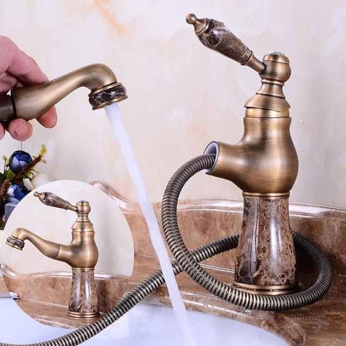 Traditional Bathroom Faucet Pull Out Basin Sink Mixer Taps, Vintage Brass Vessel Taps Ceramic Single Handle, with Cold and Hot Hose