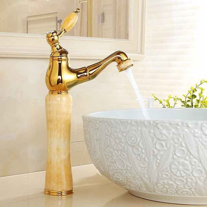 Traditional Bathroom Faucet Pull Out Basin Sink Mixer Taps Short/Tall, Vintage Brass Vessel Taps Ceramic Single Handle, with Cold and Hot Hose