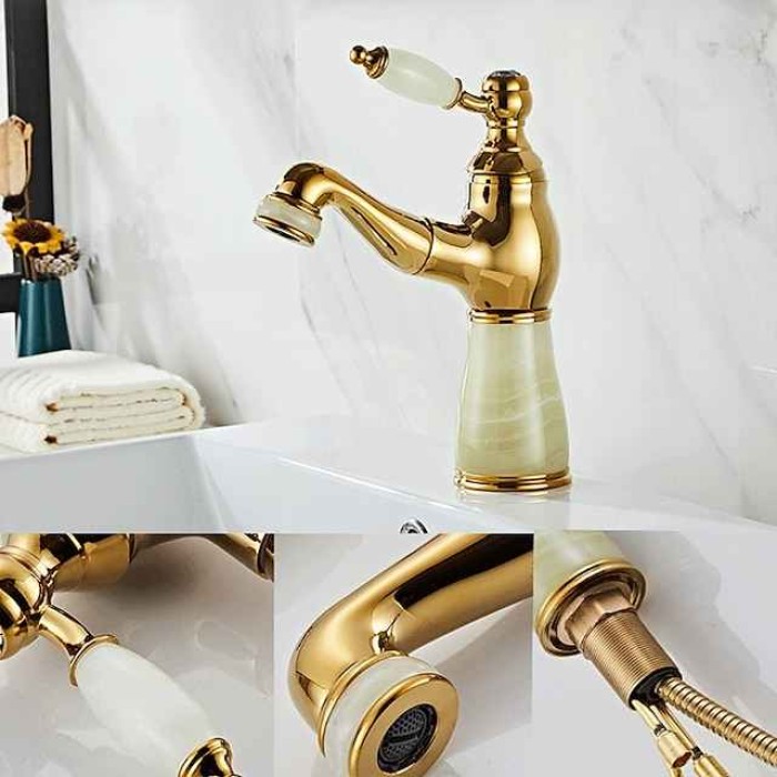 Traditional Bathroom Faucet Pull Out Basin Sink Mixer Taps Short/Tall, Vintage Brass Vessel Taps Ceramic Single Handle, with Cold and Hot Hose