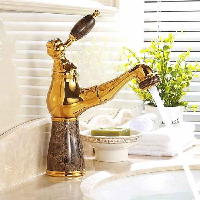 Traditional Bathroom Faucet Pull Out Basin Sink Mixer Taps Short/Tall, Vintage Brass Vessel Taps Ceramic Single Handle, with Cold and Hot Hose