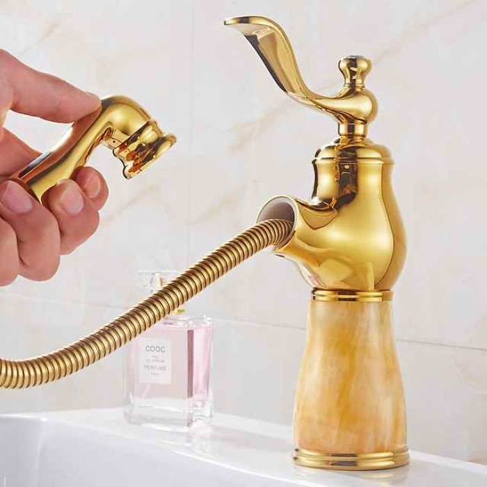 Traditional Bathroom Faucet Pull Out Basin Sink Mixer Taps Short/Tall, Vintage Brass Vessel Taps Ceramic Single Handle, with Cold and Hot Hose