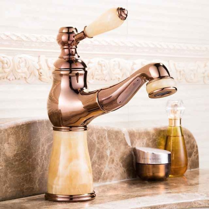 Traditional Bathroom Faucet Pull Out Basin Sink Mixer Taps Short/Tall, Vintage Brass Vessel Taps Ceramic Single Handle, with Cold and Hot Hose