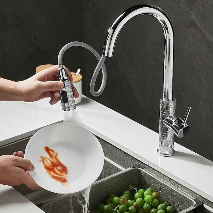 Kitchen Faucet Pull Out Sink Mixer Vessel Tap with 3 Mode Spout, 360 Degree Rotate Single Handle with Cold and Hot Hose