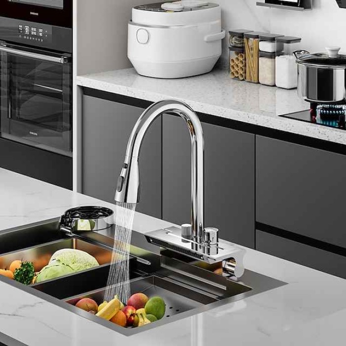 Waterfall Kitchen Faucet Pull Out Sink Mixer Vessel Taps, withCold and Hot Hose