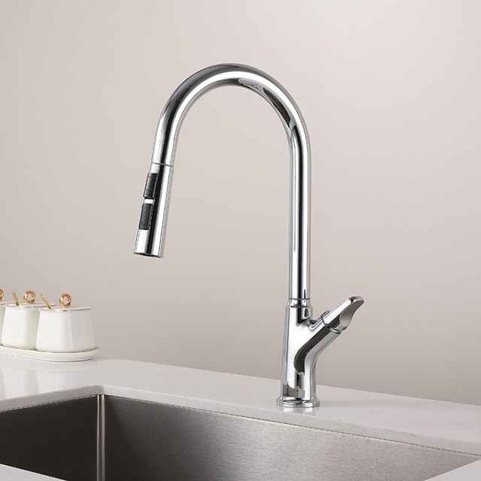 Kitchen Faucet Pull Out Sink Mixer Taps, 360 Degree Single Handle Vessel Brass Taps with Cold and Hot Hose