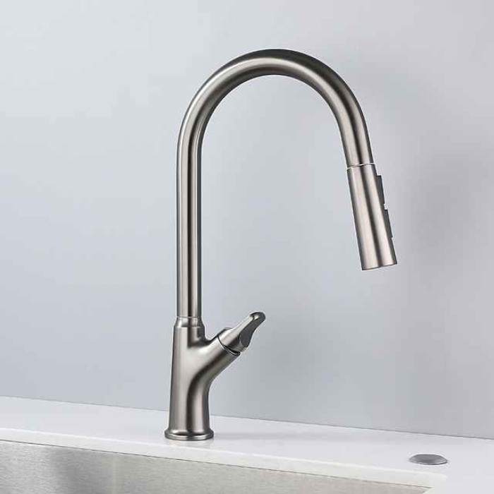 Kitchen Faucet Pull Out Sink Mixer Taps, 360 Degree Single Handle Vessel Brass Taps with Cold and Hot Hose