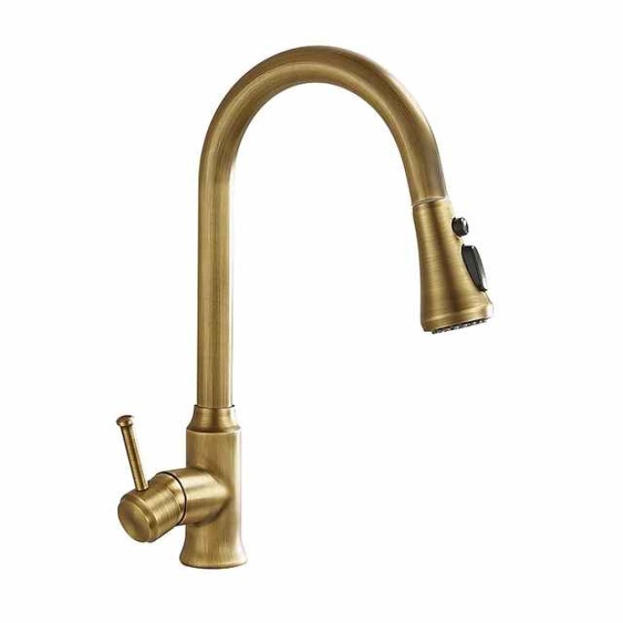 Traditional Kitchen Faucet Pull Out Sink Mixer Vessel Brass Taps, 360 Degree Single Handle Vintage Taps with Cold and Hot Hose