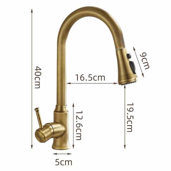 Traditional Kitchen Faucet Pull Out Sink Mixer Vessel Brass Taps, 360 Degree Single Handle Vintage Taps with Cold and Hot Hose