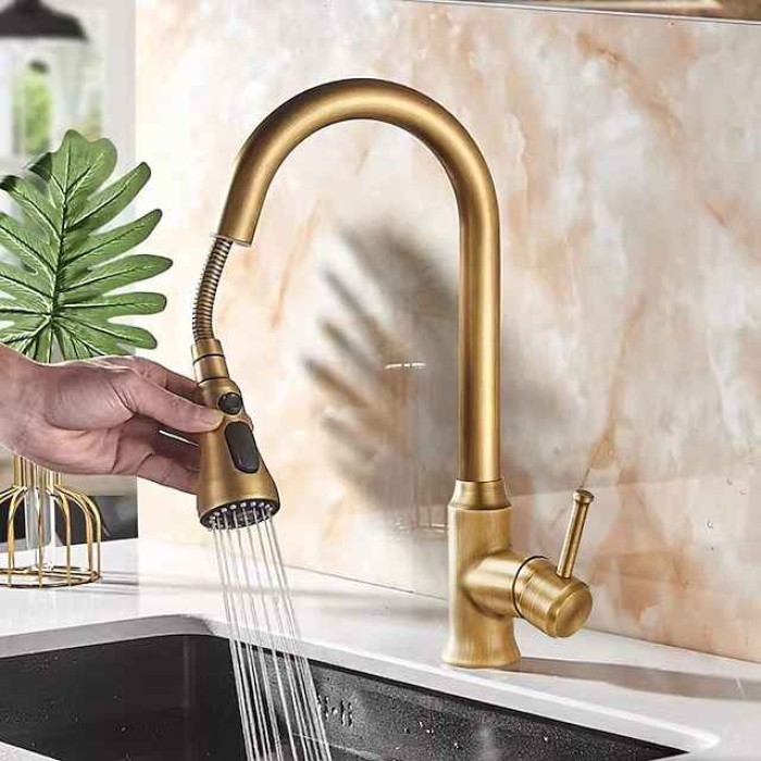 Traditional Kitchen Faucet Pull Out Sink Mixer Vessel Brass Taps, 360 Degree Single Handle Vintage Taps with Cold and Hot Hose