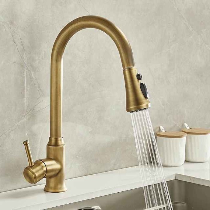 Traditional Kitchen Faucet Pull Out Sink Mixer Vessel Brass Taps, 360 Degree Single Handle Vintage Taps with Cold and Hot Hose