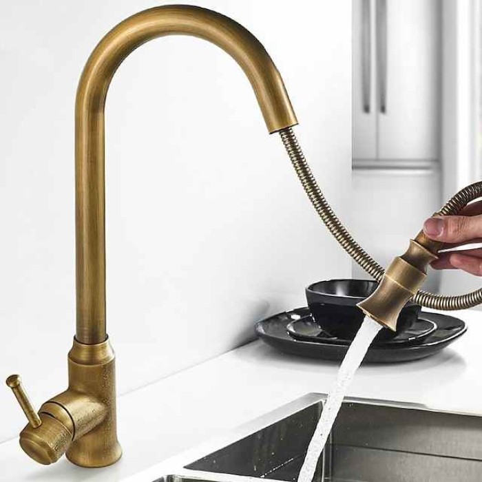 Traditional Kitchen Faucet Pull Out Sink Mixer Vessel Brass Taps, 360 Degree Single Handle Vintage Taps with Cold and Hot Hose