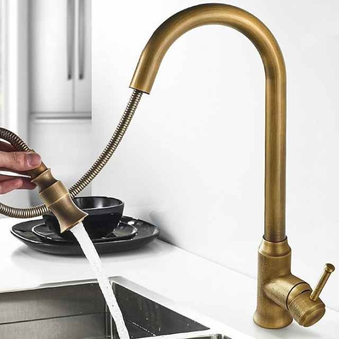 Traditional Kitchen Faucet Pull Out Sink Mixer Vessel Brass Taps, 360 Degree Single Handle Vintage Taps with Cold and Hot Hose