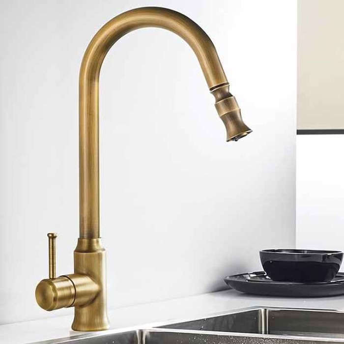 Traditional Kitchen Faucet Pull Out Sink Mixer Vessel Brass Taps, 360 Degree Single Handle Vintage Taps with Cold and Hot Hose