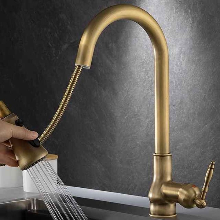 Kitchen Faucet Pull Out Sink Mixer Taps, 360 Degree 2 Mode Sprayer, Vintage Brass Vessel Tap with Cold and Hot Hose