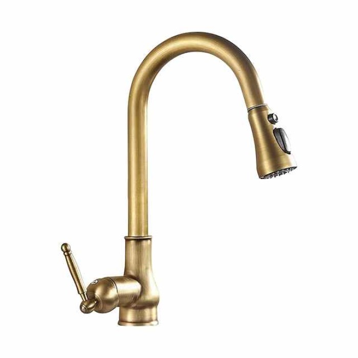 Kitchen Faucet Pull Out Sink Mixer Taps, 360 Degree 2 Mode Sprayer, Vintage Brass Vessel Tap with Cold and Hot Hose