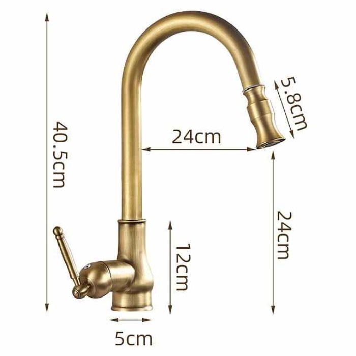 Kitchen Faucet Pull Out Sink Mixer Taps, 360 Degree 2 Mode Sprayer, Vintage Brass Vessel Tap with Cold and Hot Hose