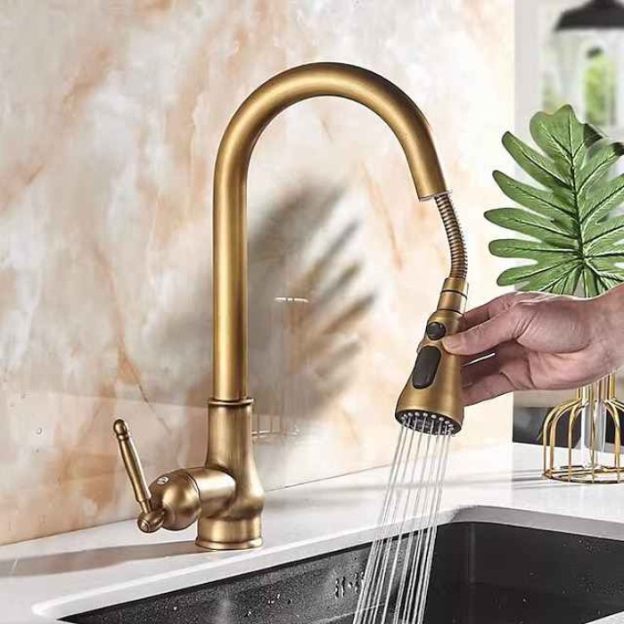 Kitchen Faucet Pull Out Sink Mixer Taps, 360 Degree 2 Mode Sprayer, Vintage Brass Vessel Tap with Cold and Hot Hose