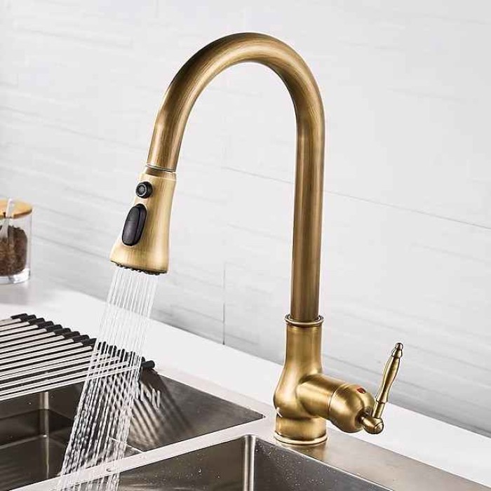 Kitchen Faucet Pull Out Sink Mixer Taps, 360 Degree 2 Mode Sprayer, Vintage Brass Vessel Tap with Cold and Hot Hose