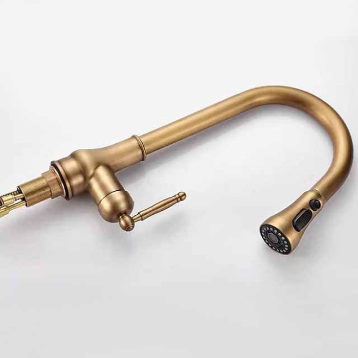 Kitchen Faucet Pull Out Sink Mixer Taps, 360 Degree 2 Mode Sprayer, Vintage Brass Vessel Tap with Cold and Hot Hose