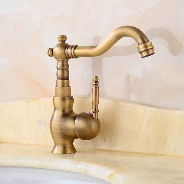 Bathroom Faucet Single Handle, Sink Mixer Basin Taps with Cold and Hot Hose Vintage Brass