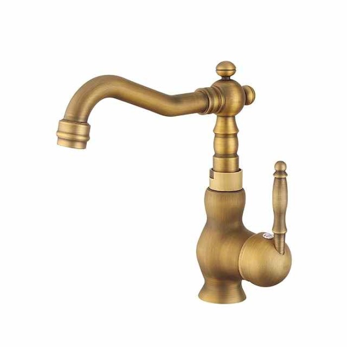 Bathroom Faucet Single Handle, Sink Mixer Basin Taps with Cold and Hot Hose Vintage Brass