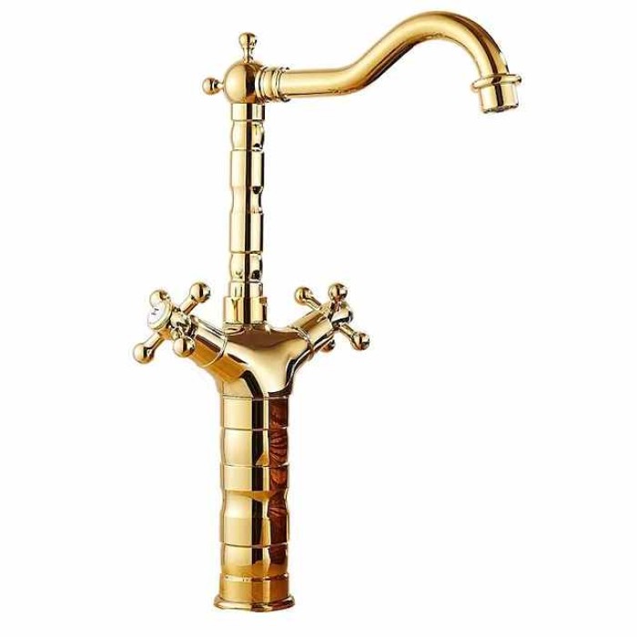 Bathroom Sink Mixer Faucet Short Tall Vessel Basin Taps, Vintage Brass Twin Handle Tap with Cold and Hot Hose