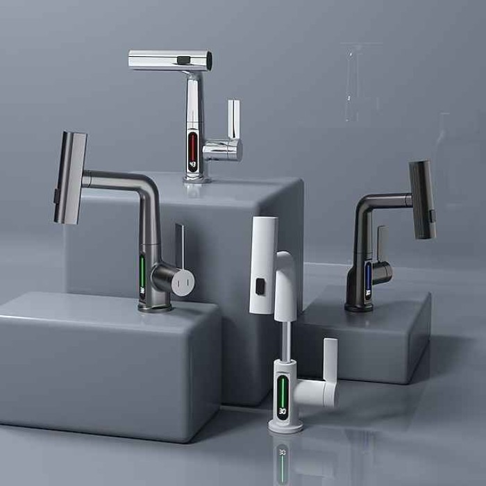 Bathroom Sink Faucet - Rotatable / Pull out / LED Electroplated / Painted Finishes Centerset Single Handle One HoleBath Taps