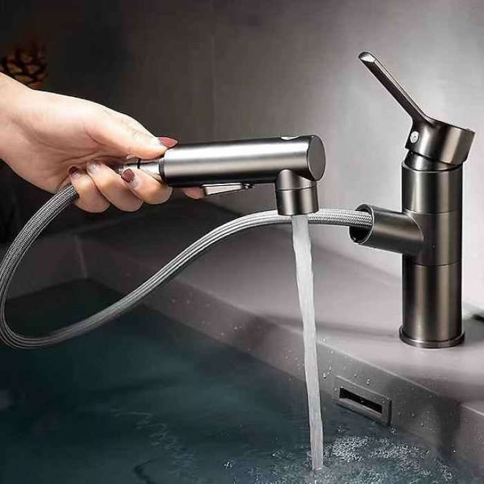 Bathroom Sink Faucet, Classic Electroplated Mount Outside Single Handle One Hole Bath Taps, Pull Out Sprayer