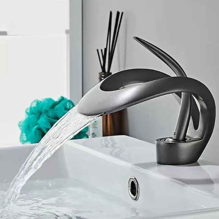 Bathroom Sink Faucet, Modern Waterfall Electroplated, Painted Finishes Mount Outside Single Handle One Hole Bath Taps