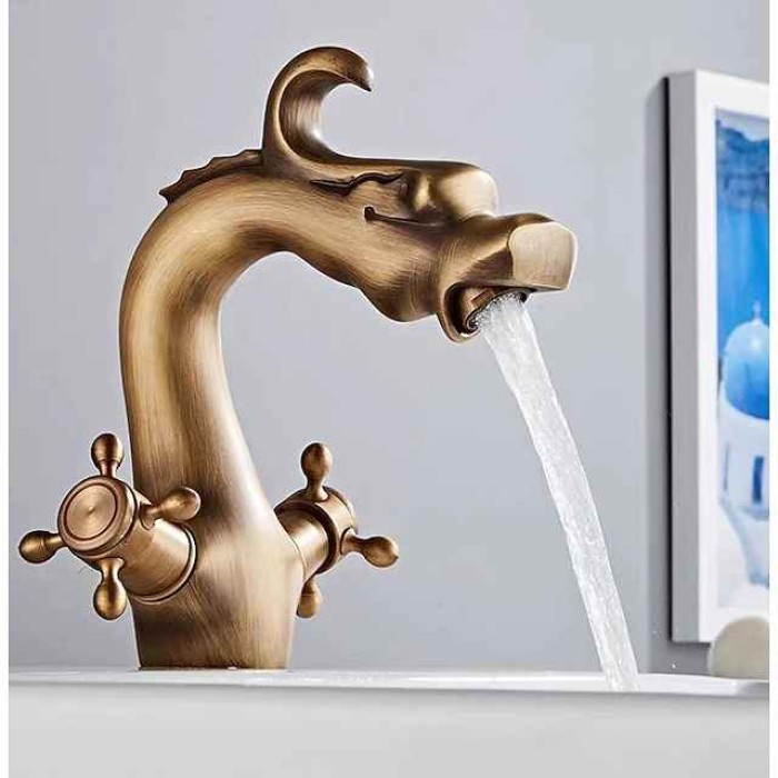 Bathroom Sink Faucet - Loong Style Dragon Shape Classic Mount Outside Single Handle One Hole Bath Taps in Antique Brass