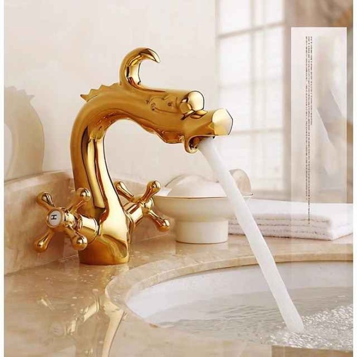 Bathroom Sink Faucet - Loong Style Dragon Shape Classic Mount Outside Single Handle One Hole Bath Taps in Antique Brass